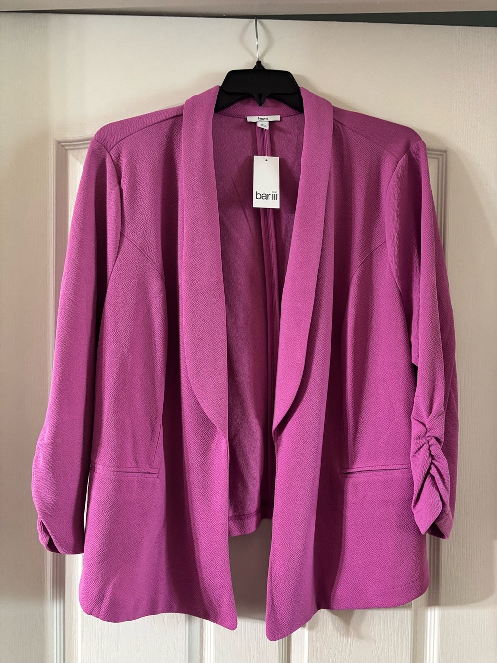Bar III magenta open-front blazer with ruched sleeves